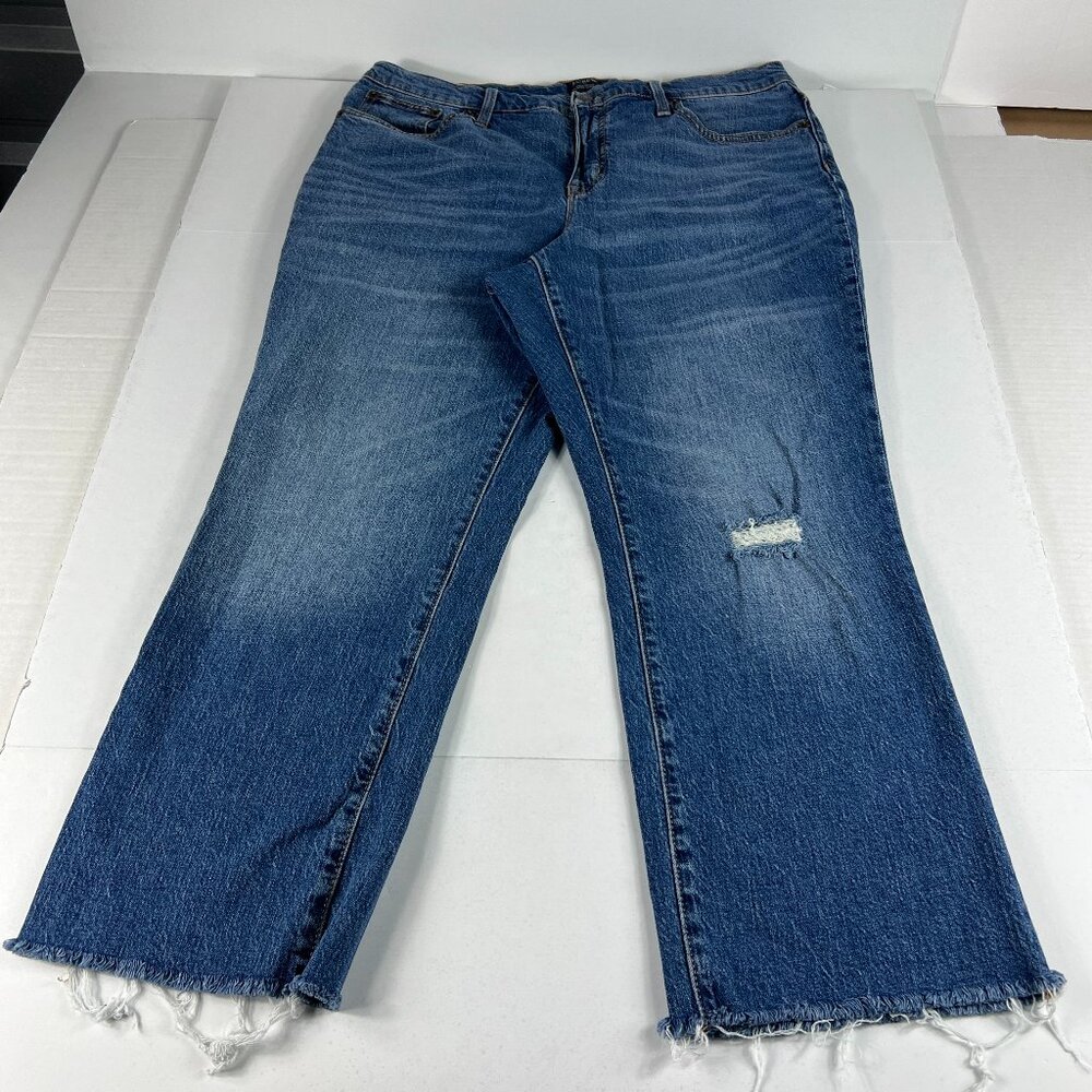 J Crew Jeans Womens Measured 36 Mid Rise Flare Crop Blue Distressed Denim Tag 32